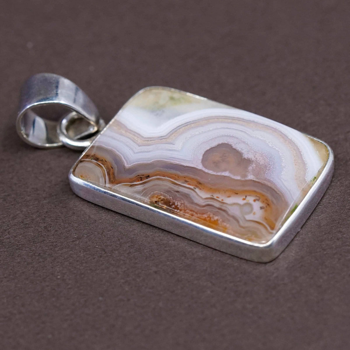 Vintage Sterling silver handmade pendant, square 925 pendant w/ lace agate