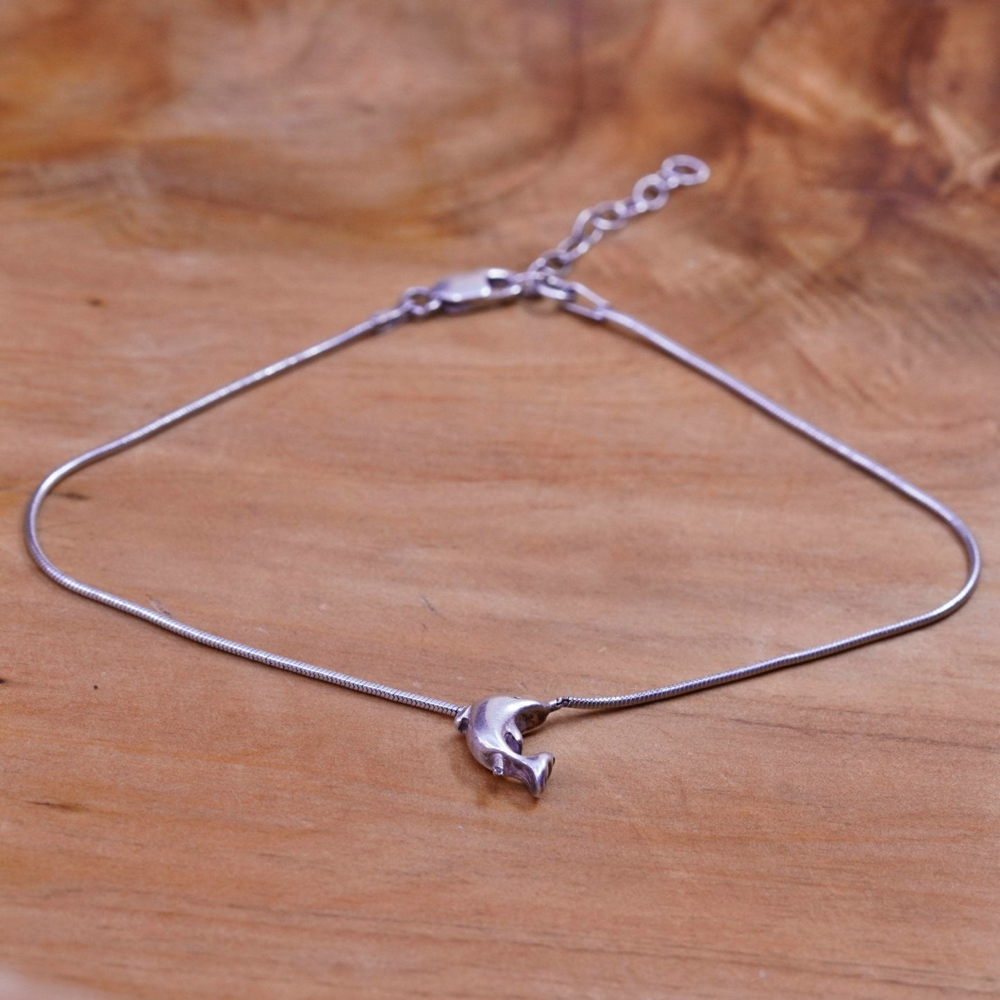 9”, vtg Sterling 925 silver handmade snake bracelet anklet with dolphin charm