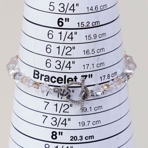 7”, Vtg Sterling Silver Handmade Bead Bracelet, 925 Swarovski Crystal W/ Toggle