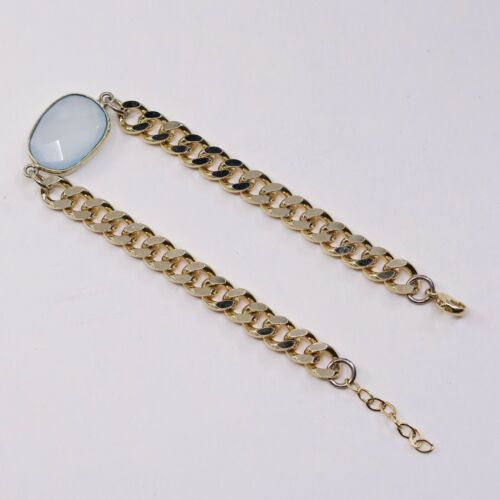 6.75+1”, Vermeil Gold Over Sterling Silver Bracelet, 925 Curb Chain W Chalcedony