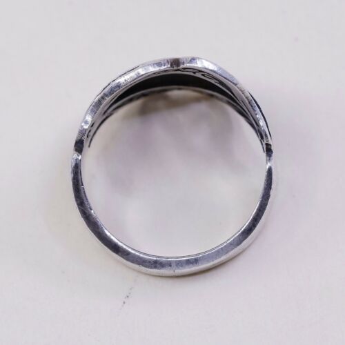 Sz 7.5, Vtg 925 Sterling Silver Handmade Band Ring Filigree Leaves, Stamped 925