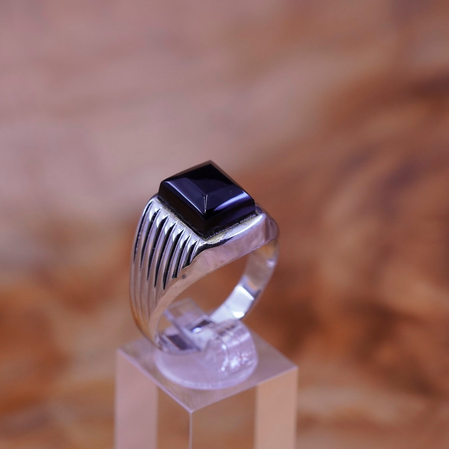 Size 13, vintage Sterling 925 silver handmade statement ring with obsidian