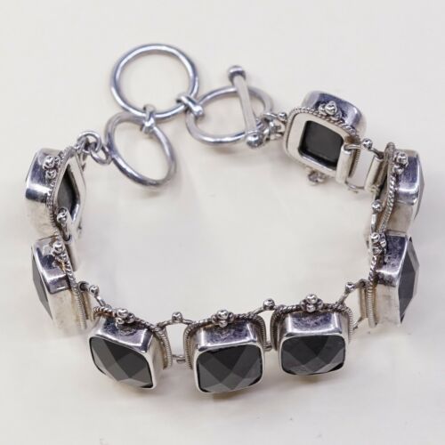 6”+1”, Vintage Mexico Sterling 925 silver Bracelet W/ Checker Obsidian Inlay