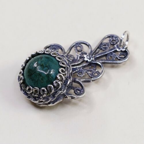 Vtg Filigree Sterling Silver Handmade Pendant W/ Turquoise Bead