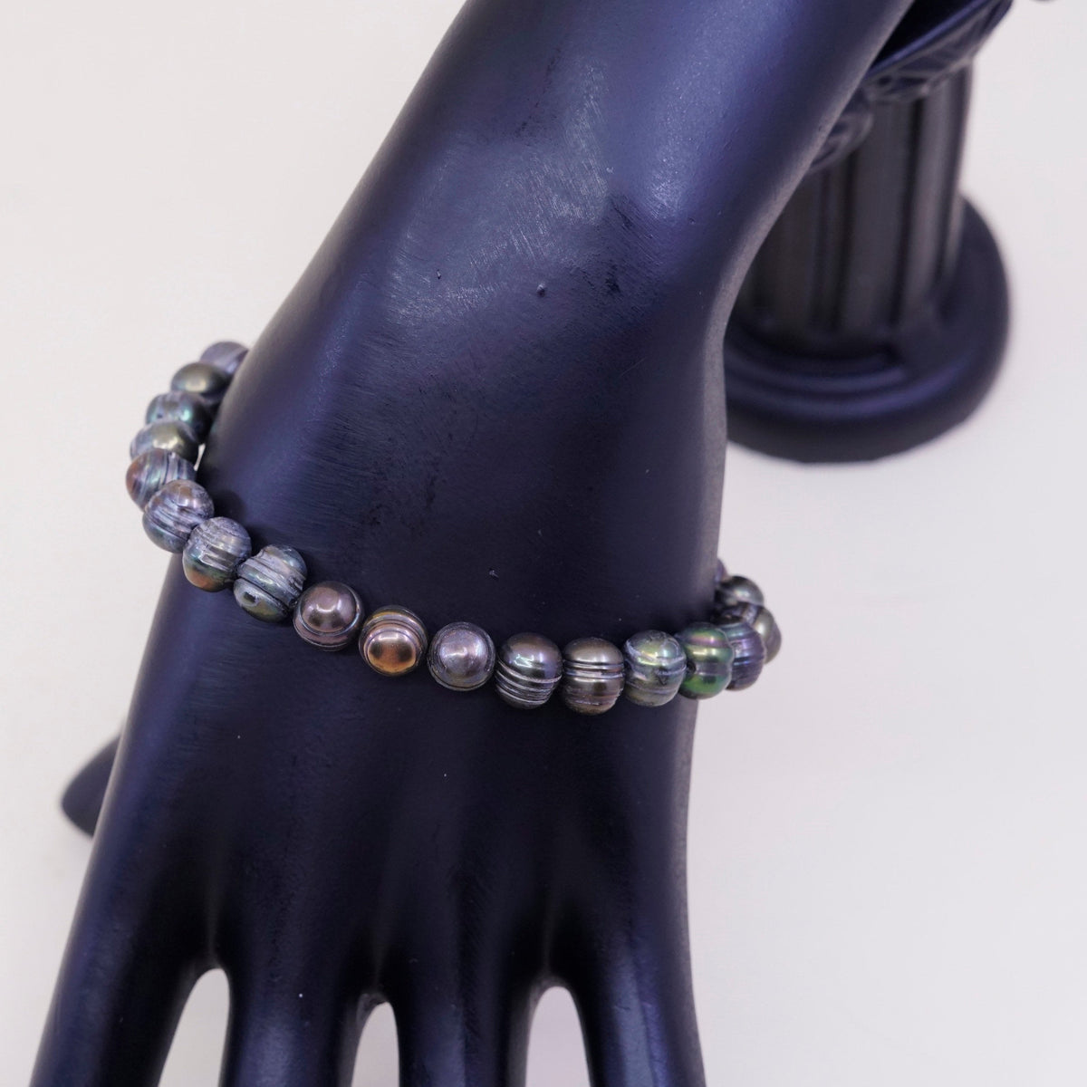 7”, Vintage handmade bracelet, black pearl beads with 925 sterling silver clasp