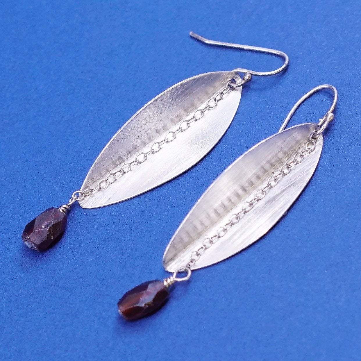 vtg modern sterling silver handmade earrings, 925 leaf drops w/ garnet bead