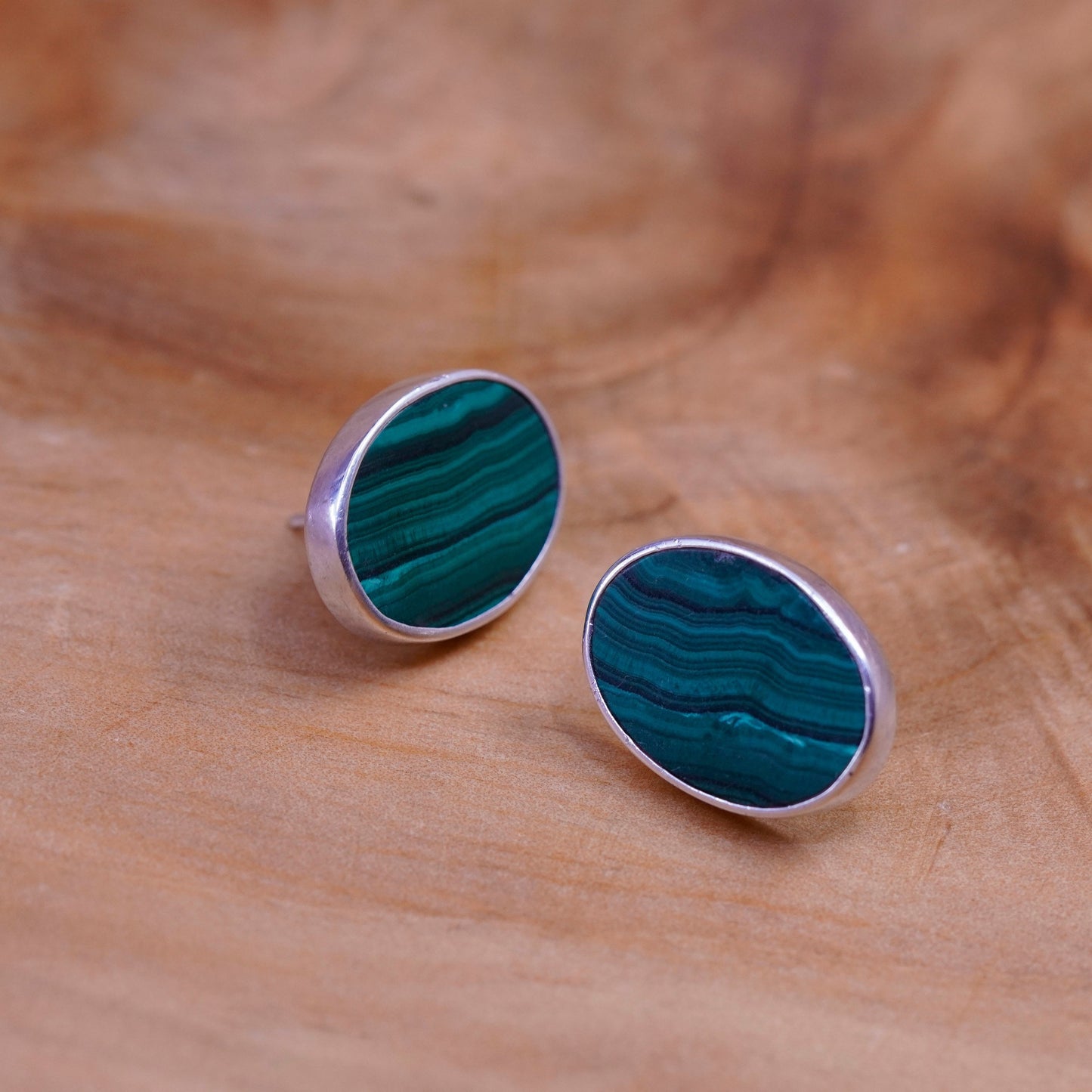 Mexico cerro blanco Sterling silver handmade earrings, 925 oval studs malachite
