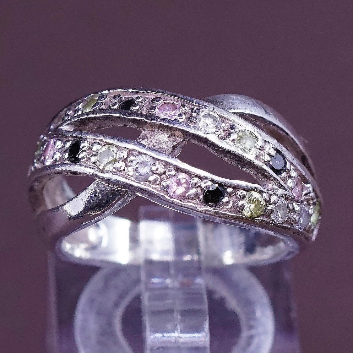 sz 6.75, vtg Sterling silver anniversary ring, 925 band w/ cluster cz