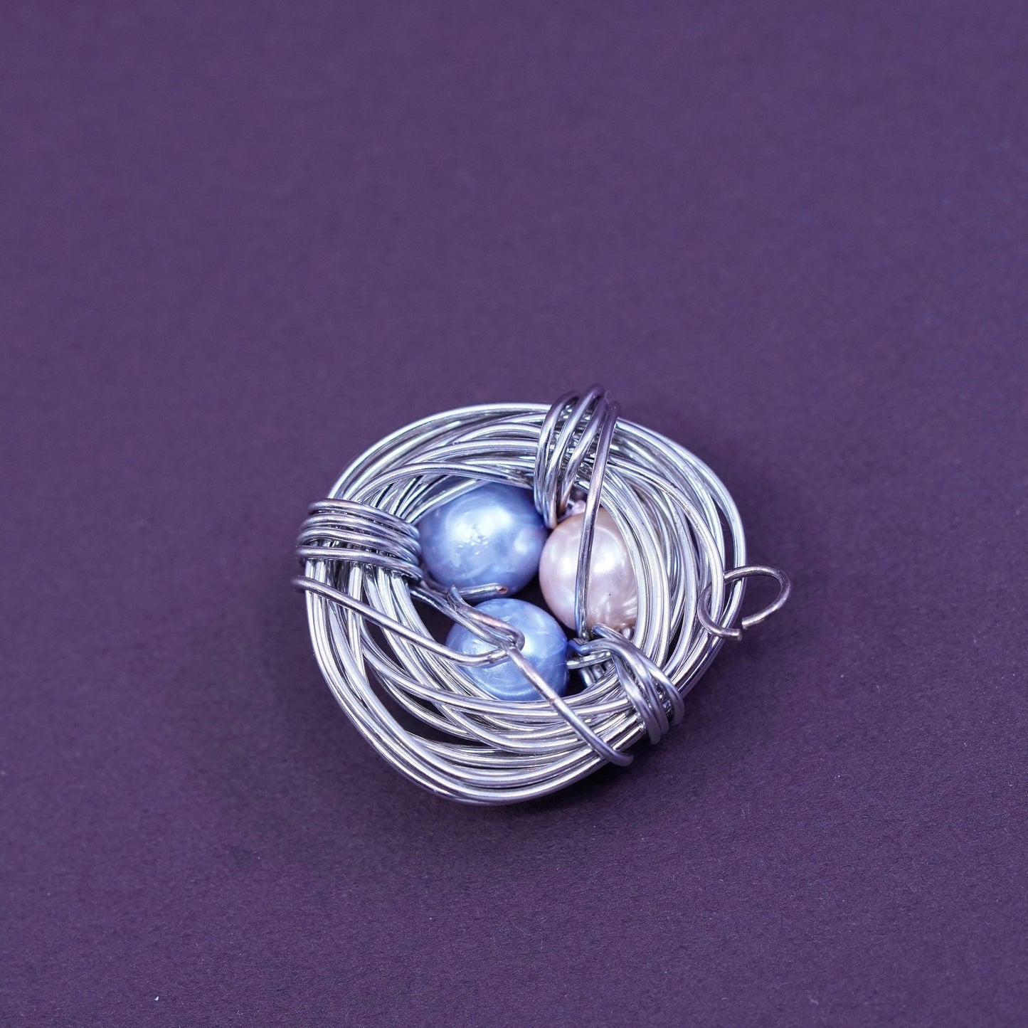 Vintage silver tone handmade pendant, wired bird nest with faux pearl