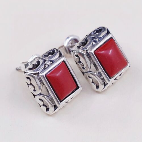 Vtg Handmade 925 Sterling Silver Red Onyx Studs Earrings W/ Filigree Detuals