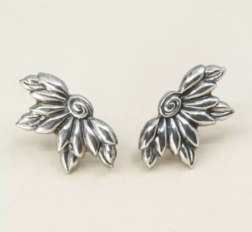 Vtg Sterling 925 Silver Handmade Screw Back Earrings Flower Leaves Wings