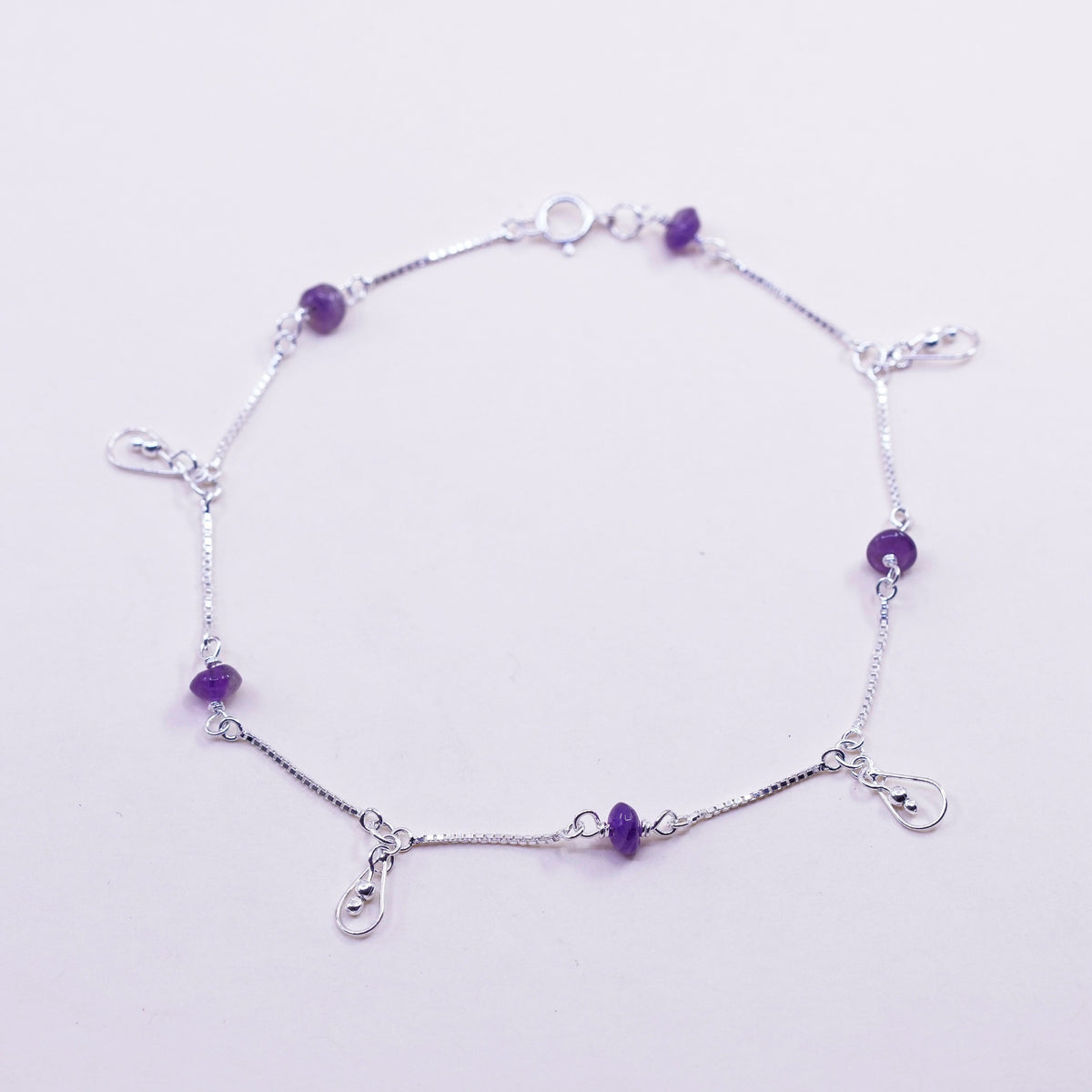 9.5”, Vintage sterling silver bracelet, Italy 925 box anklet amethyst beads
