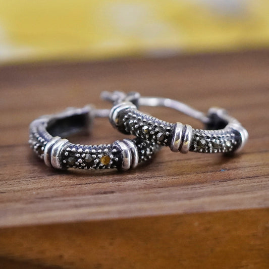 0.75”, Vintage Sterling 925 silver handmade Huggie earrings with marcasite