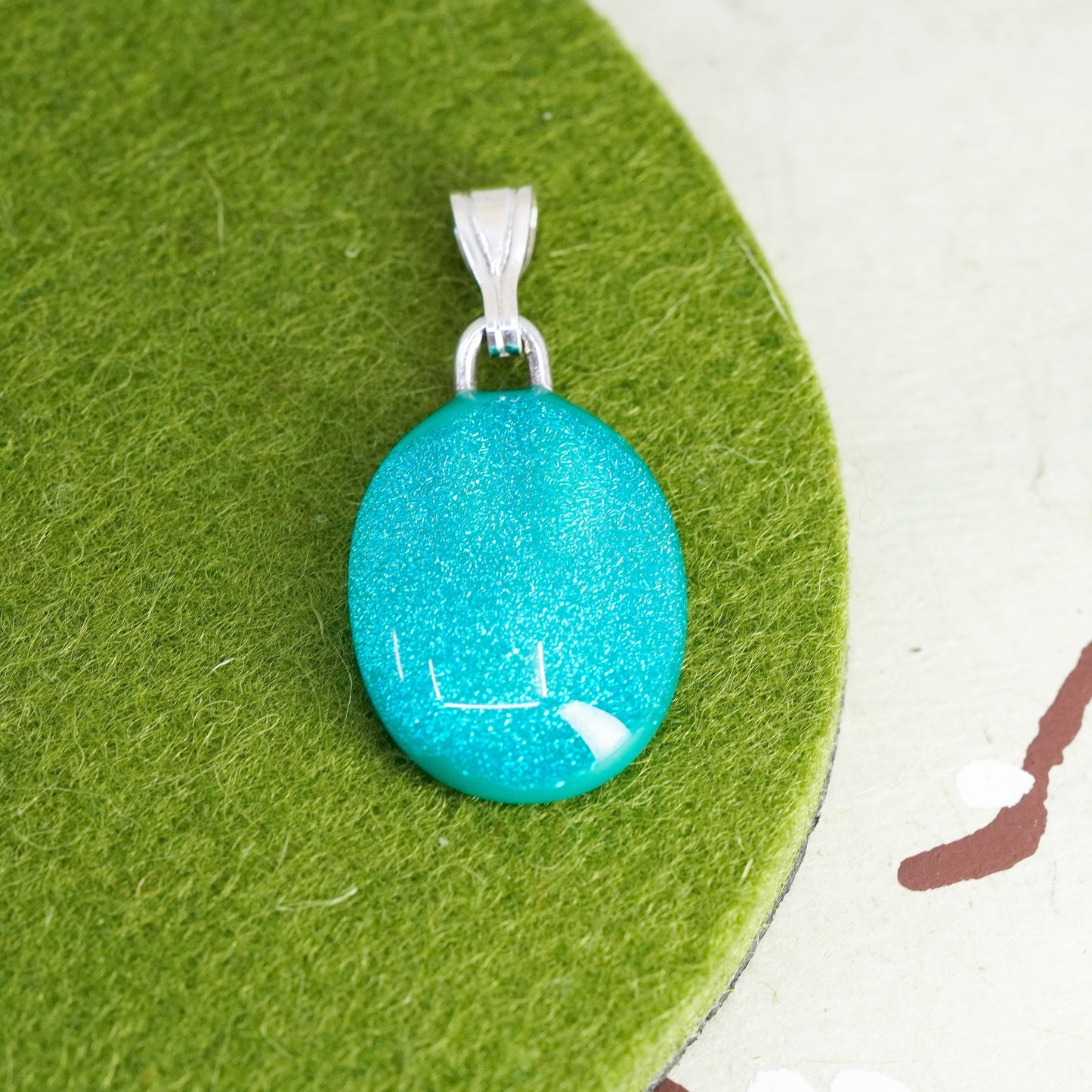 Vintage sterling silver with artisan glass pendant, oval teal dichroic glass