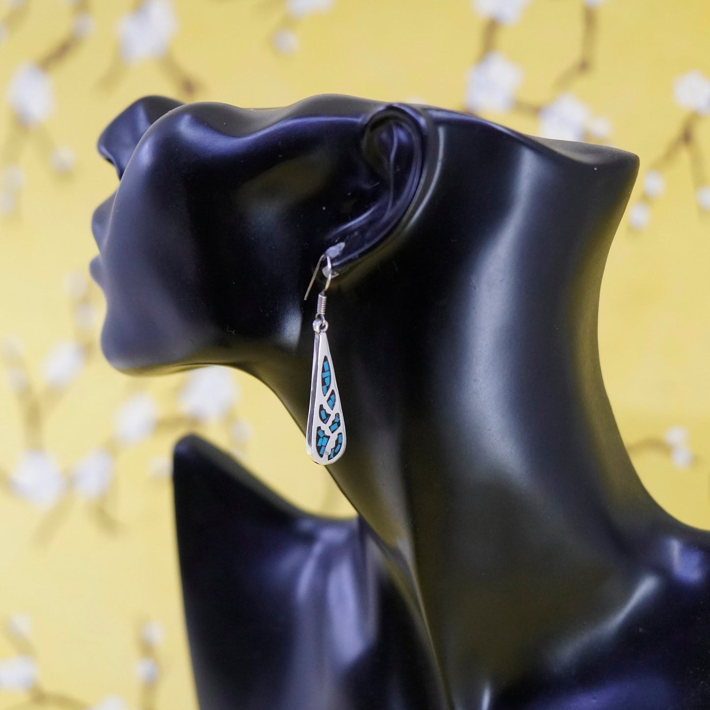 Vintage Sterling silver handmade earrings, Mexico 925 teardrop with turquoise