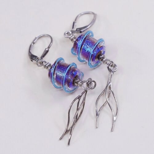 Vintage simple handmade Sterling 925 Silver Earrings w/ Blue Foiled Glass