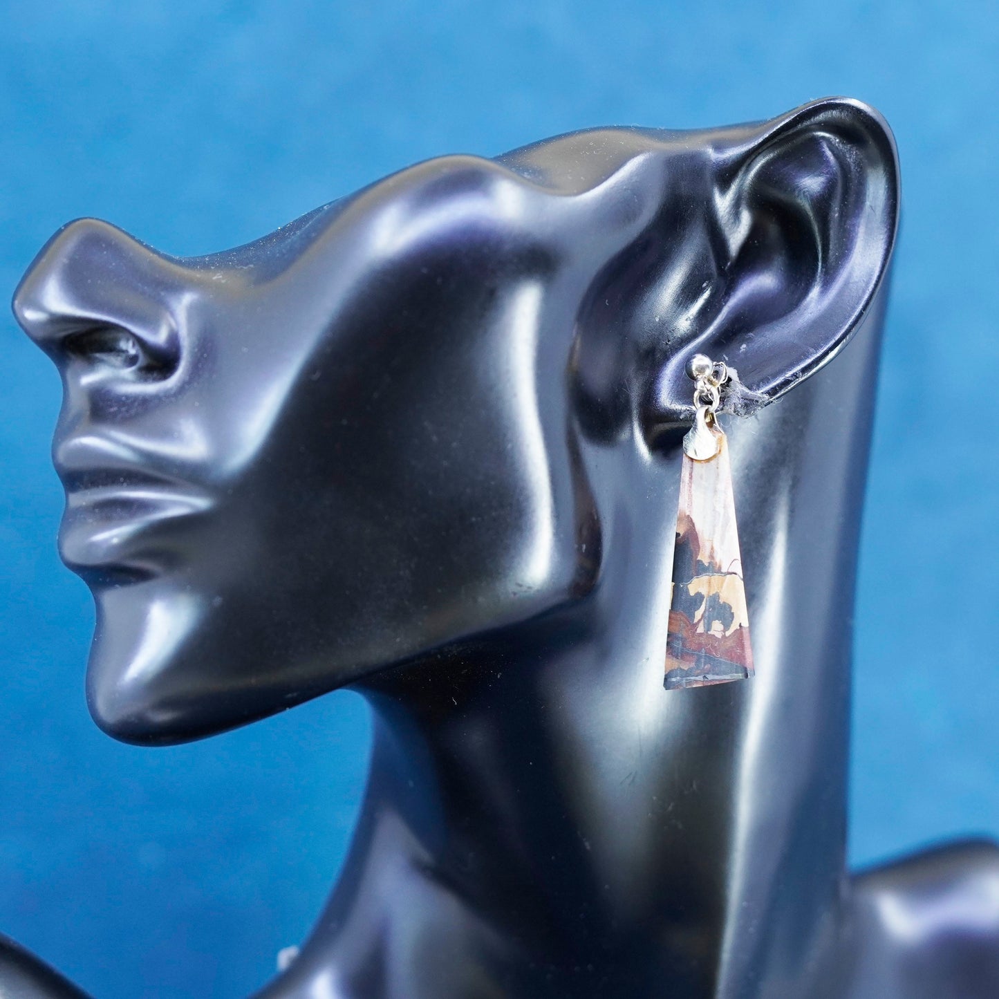Vintage sterling silver handmade earrings, 925 teardrop wooden drops