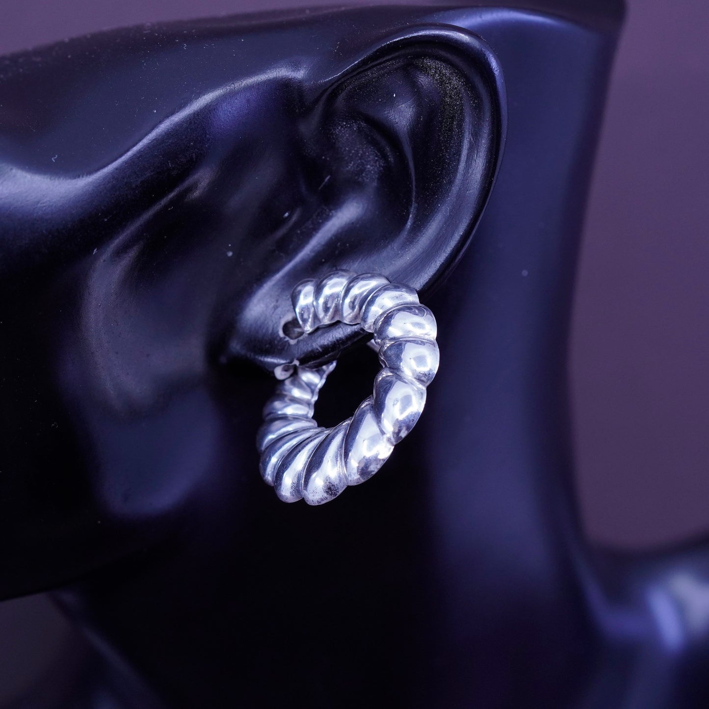 Vintage Sterling silver handmade screw back earrings, twisted 925 ribbed circle