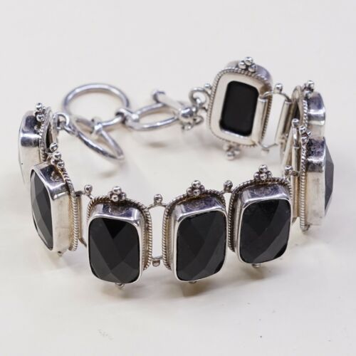 6”+1”, Vintage Mexico Sterling 925 silver Bracelet W/ Checker Obsidian Inlay