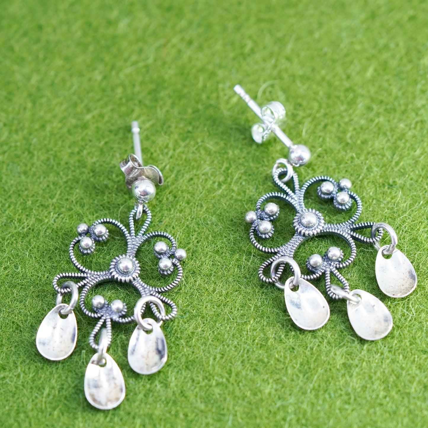 Vintage sterling silver handmade earrings, filigree 925 clover teardrop dangles