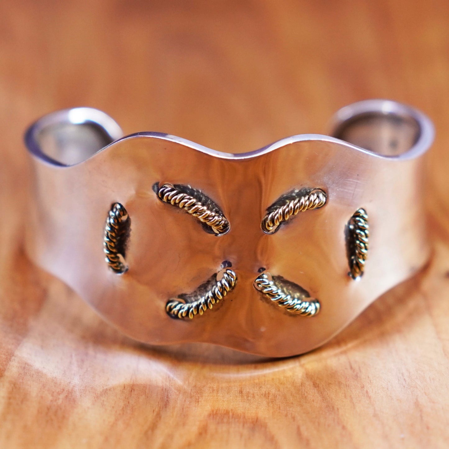 6.75”, mexico two tone Sterling silver handmade bracelet, wide 925 cuff cable