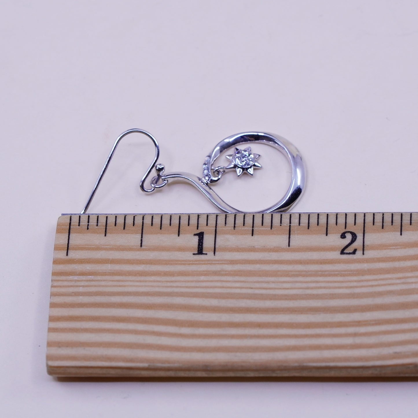 Vintage sterling silver handmade earrings, 925 snowflake drops with cz inlay