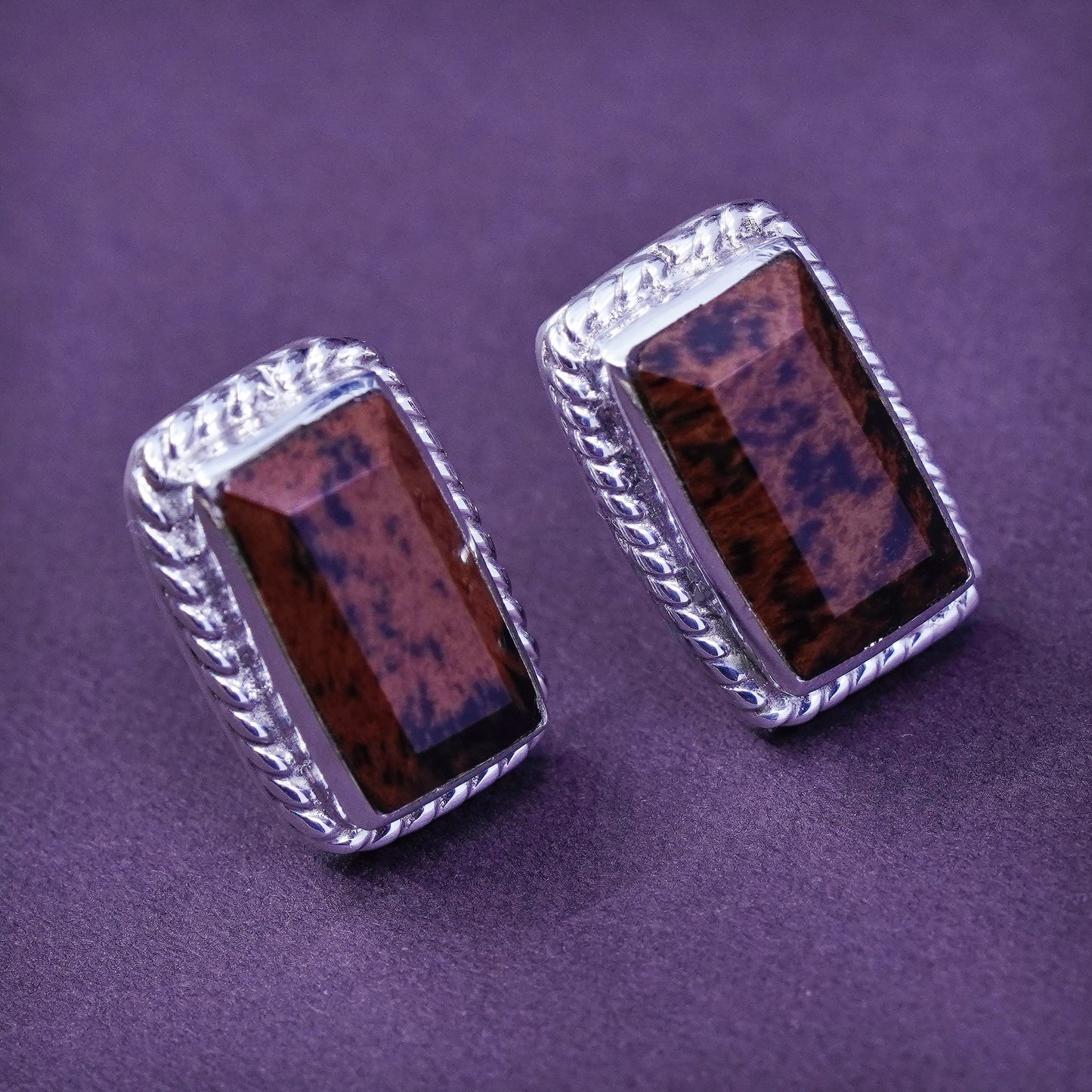 handmade Sterling silver earrings, 925 rectangular with jasper studs with cable