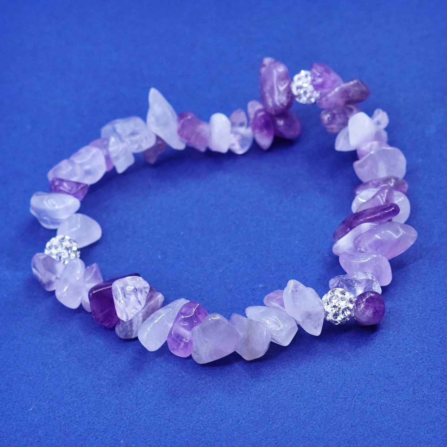 6.75”, Vintage handmade bracelet, elastic band with rose quartz and Cz beads