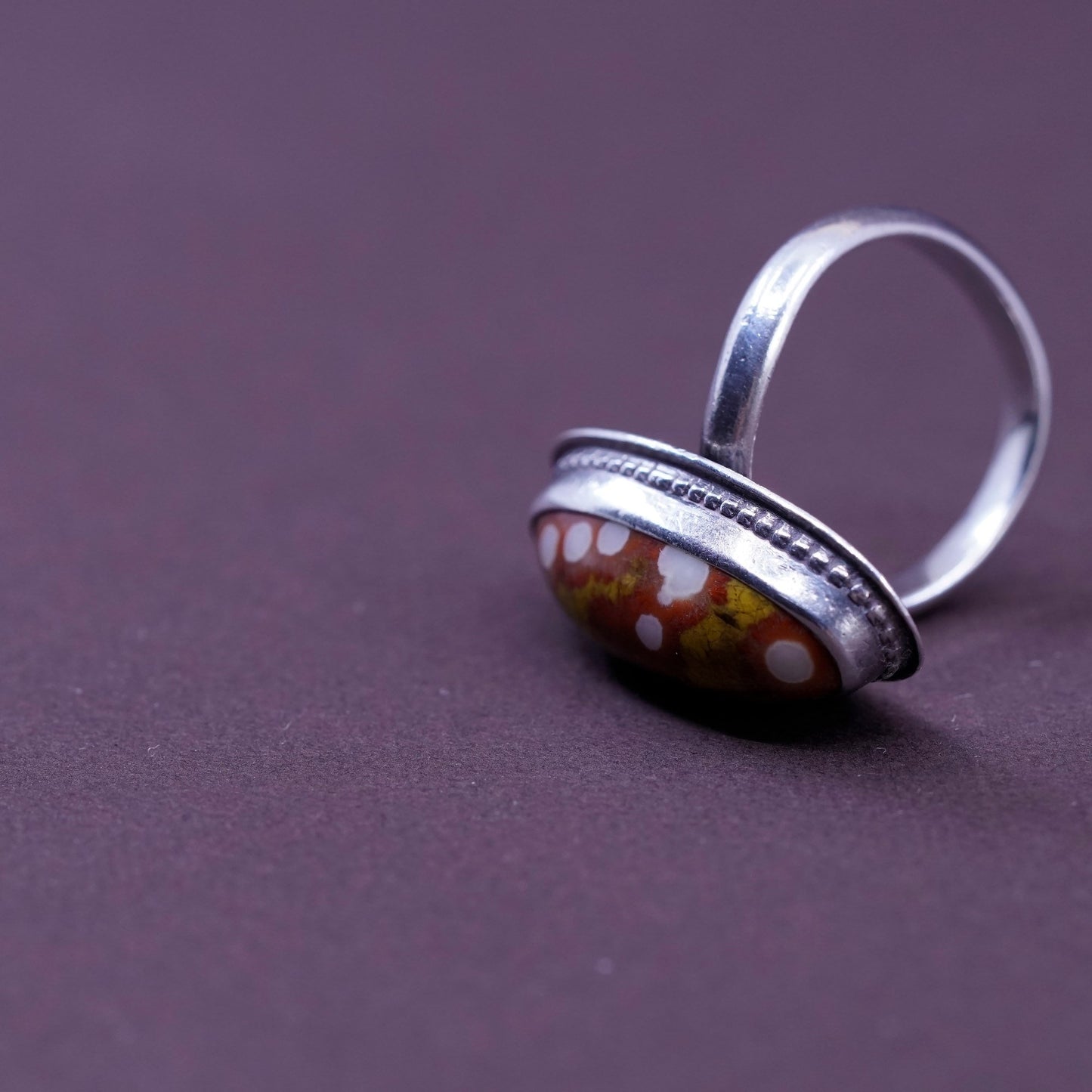 Size 6.5, vintage Sterling 925 silver handmade ring w/ Dalmatian jasper