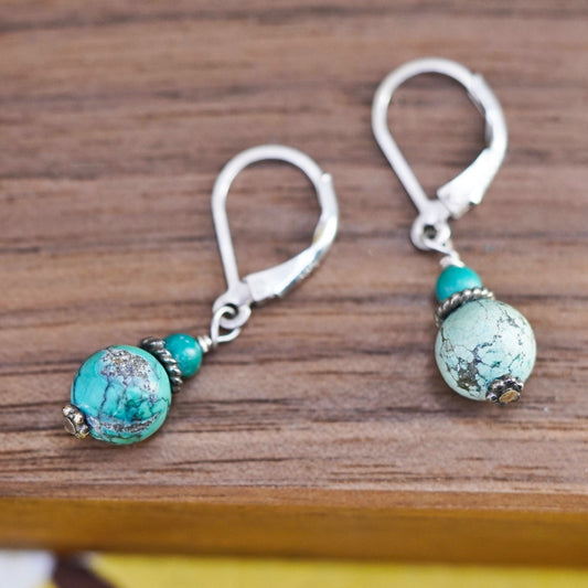 Vintage Sterling 925 silver handmade earrings with turquoise bead