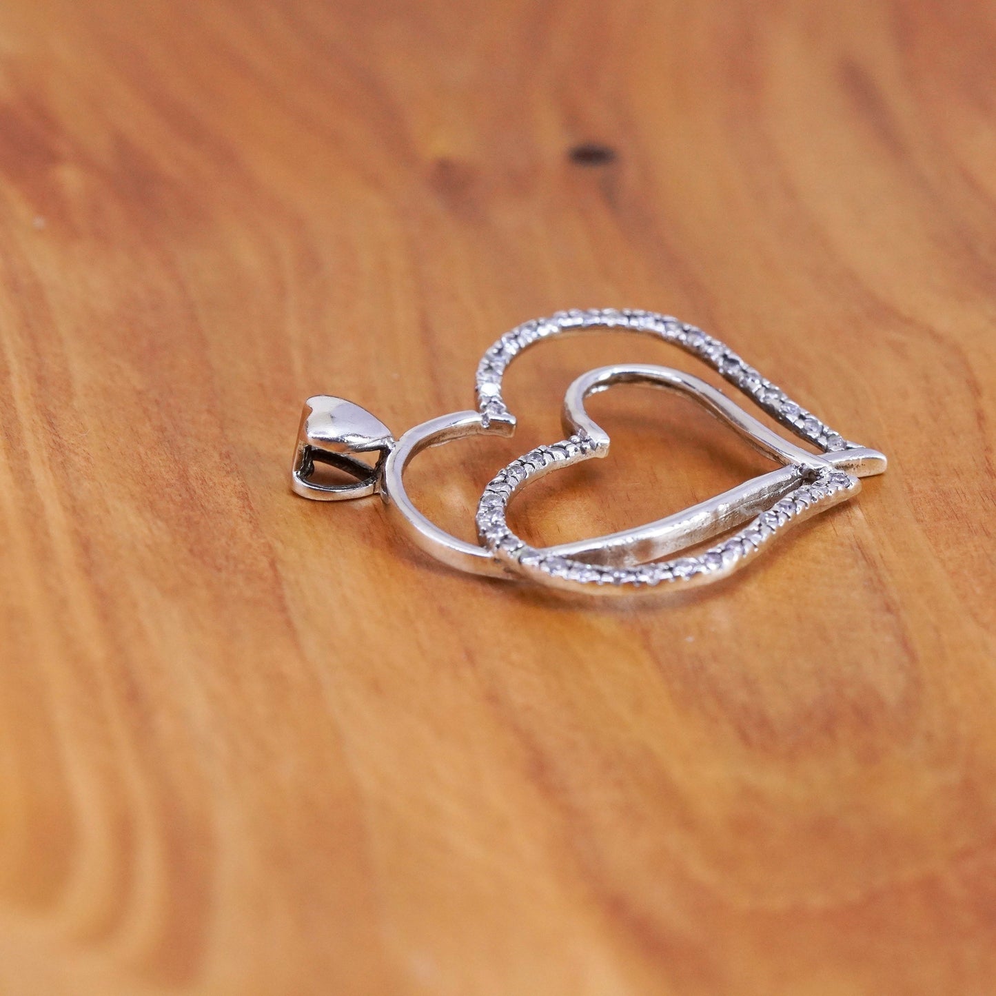 Vintage sterling silver pendant, 925 double heart with genuine diamond around