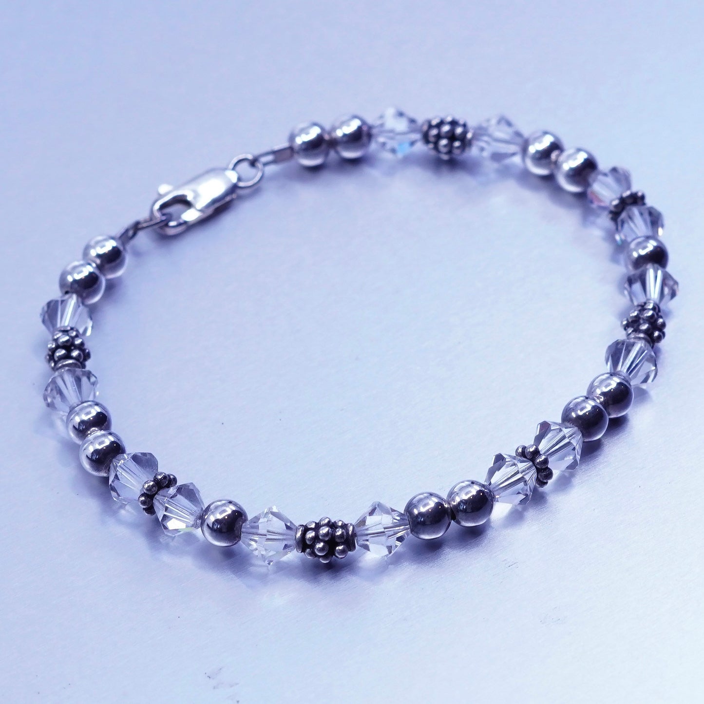 7.25”, vintage Sterling 925 silver handmade bracelet with clear crystal beads