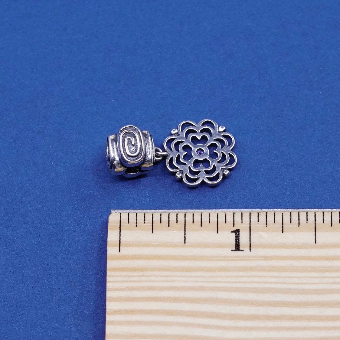 vtg sterling silver handmade pendant, 925 bead charm w/ Flower dangle