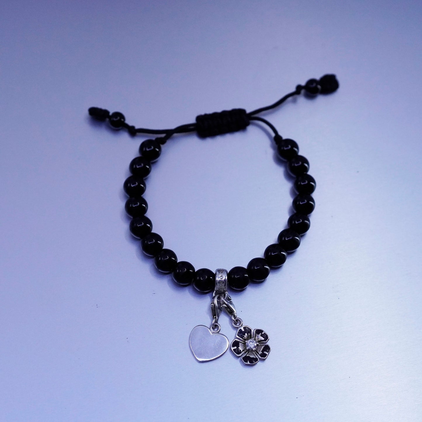 Thomas Sabo Sterling 925 silver bracelet flower heart charm obsidian beads