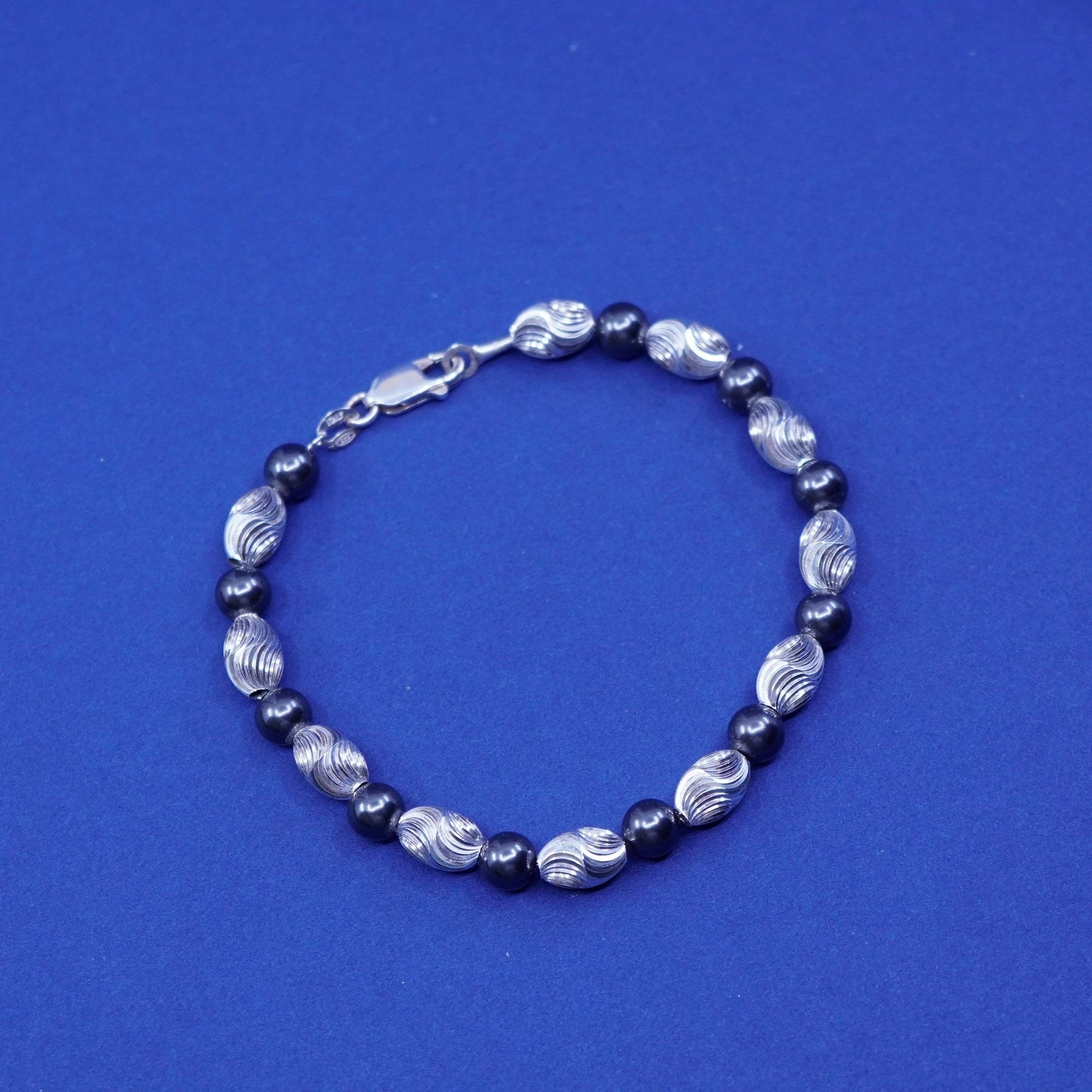 7”, vintage Sterling silver handmade bracelet, 925 swirl beads with hematite