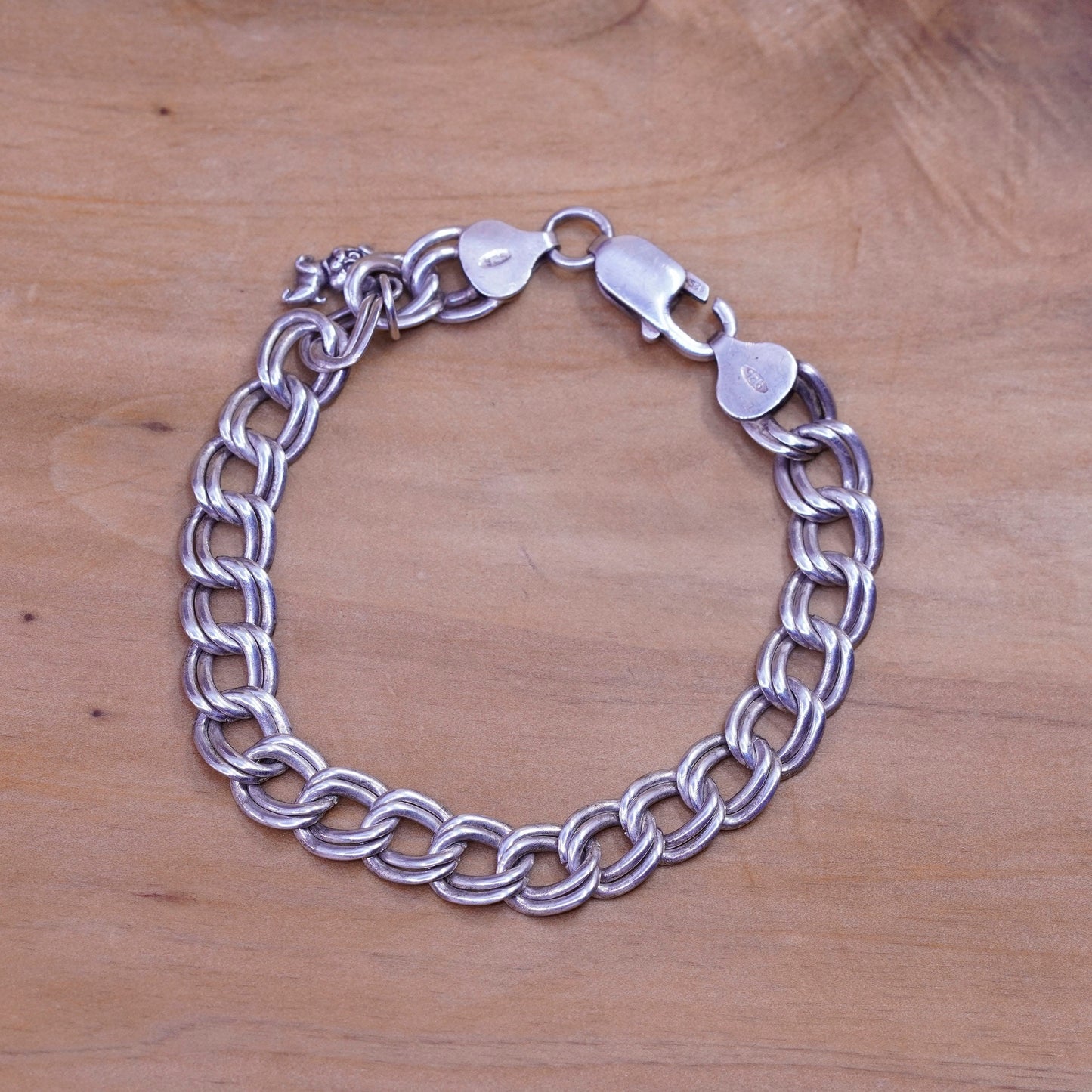 7”, vintage Sterling silver handmade double curb chain, 925 bracelet dog charm