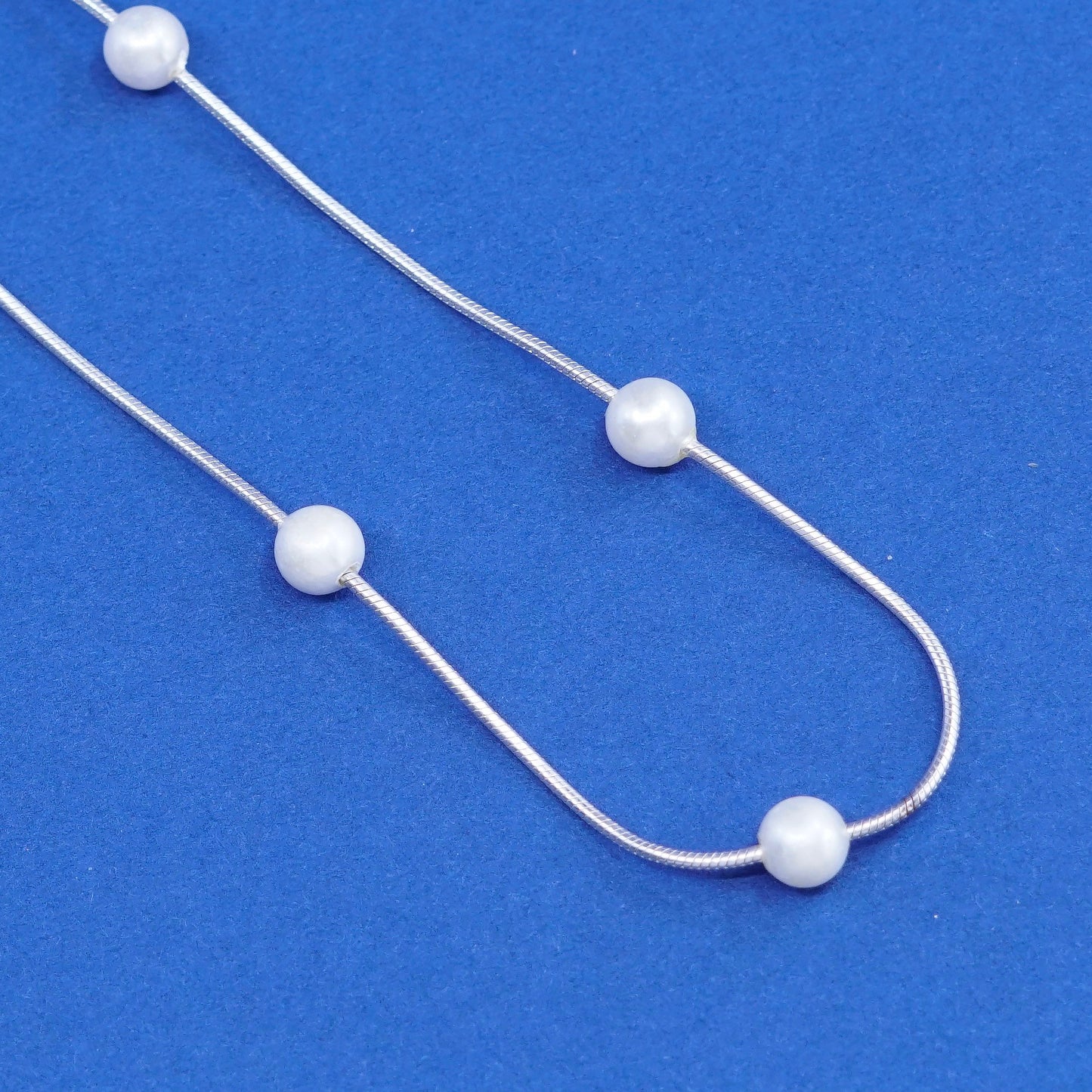 16”, vintage Sterling silver handmade necklace, 925 snake chain with pearl bead