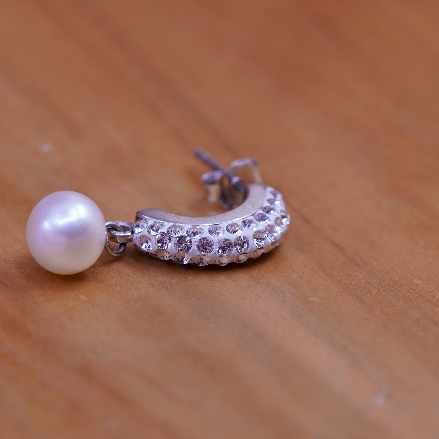 Vintage Sterling silver handmade earrings, 925 Huggie hoops cluster cz pearl