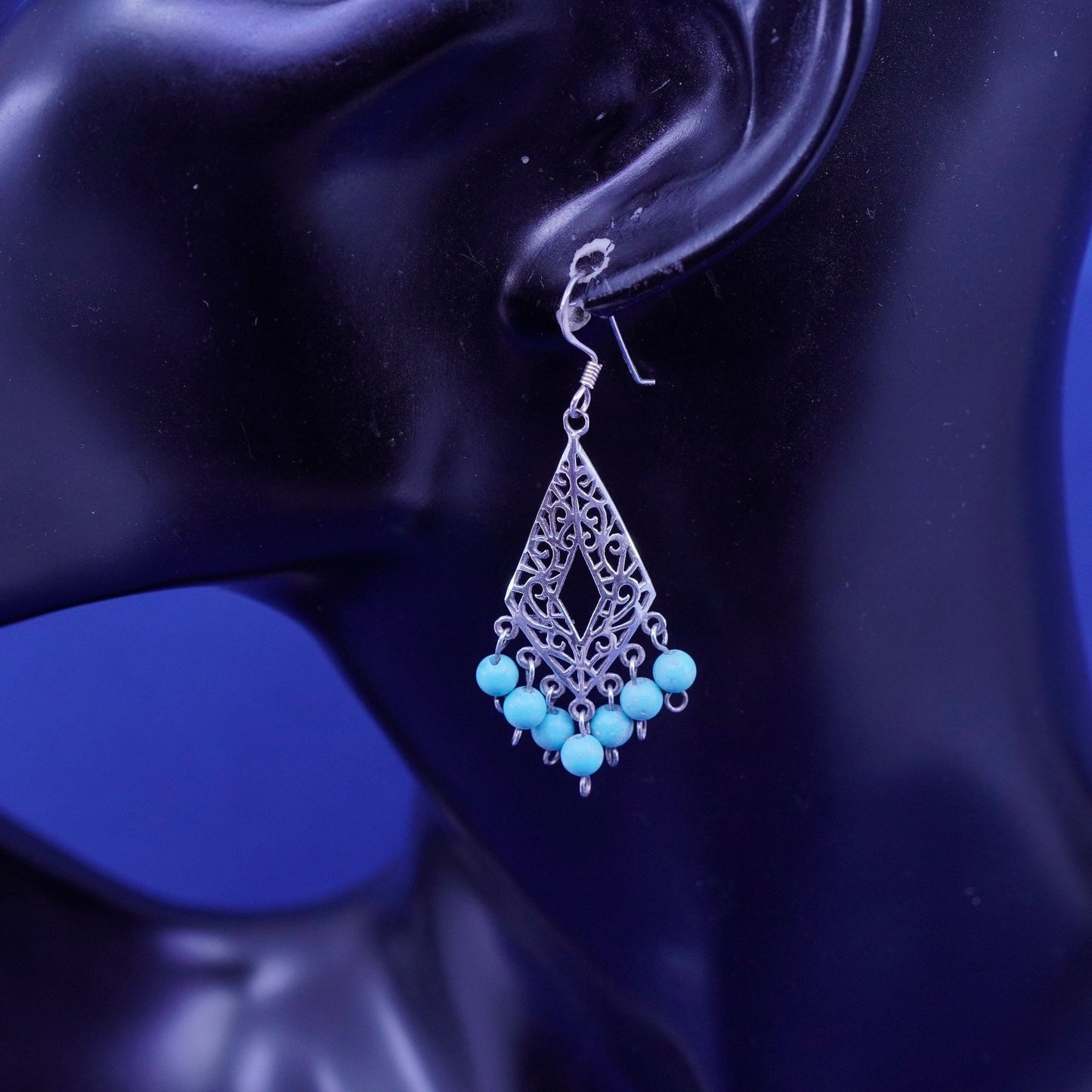 Native American Sterling silver earrings 925 filigree diamond turquoise cluster
