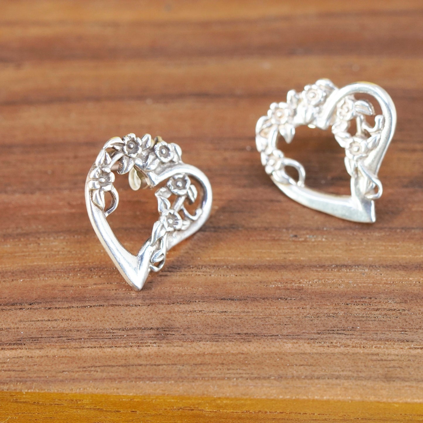 Vintage Sterling silver handmade earrings, floral textured 925 heart studs
