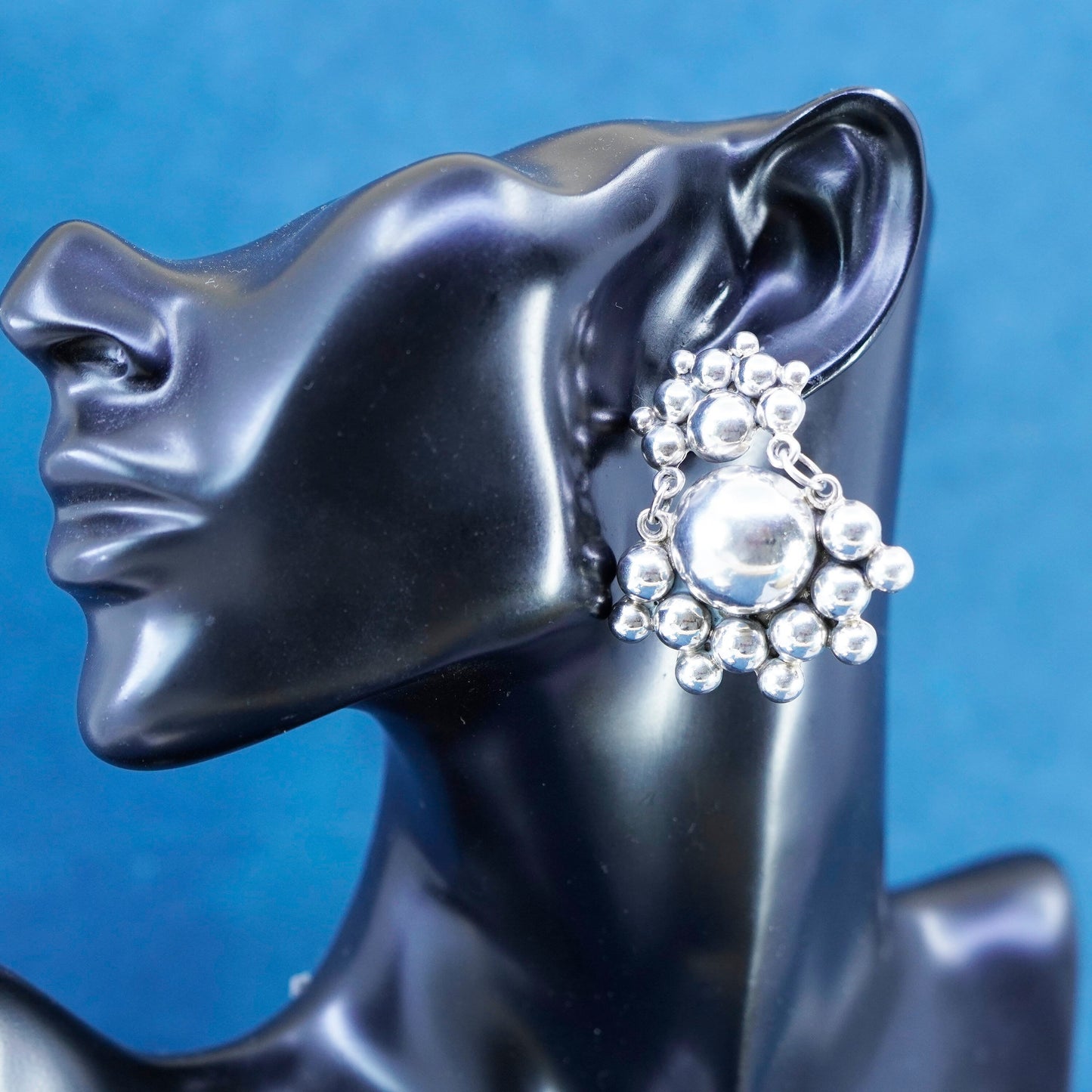 Vintage huge sterling silver handmade earrings, Mexico 925 beaded earrings
