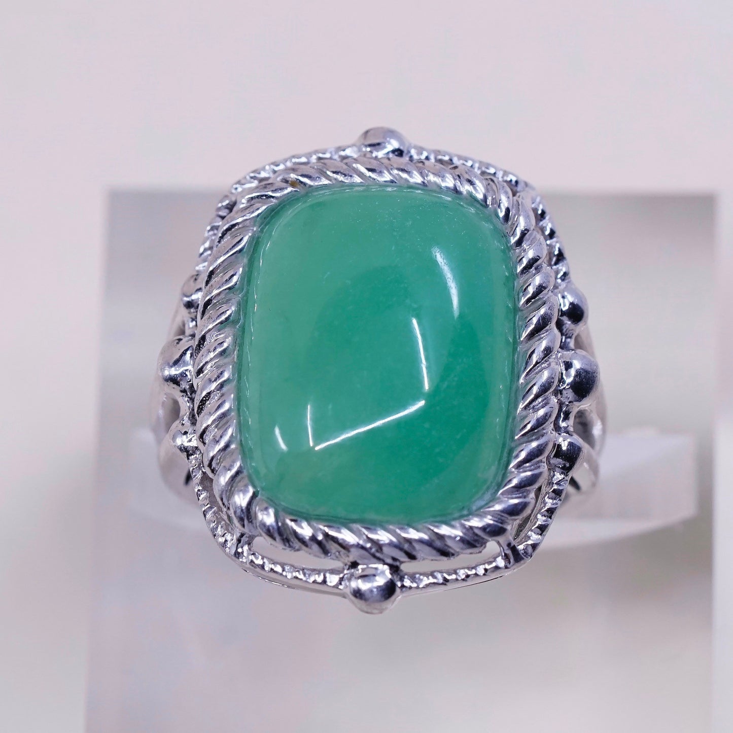 Size 7.25, Vintage sterling silver handmade ring, ring with jade and cable