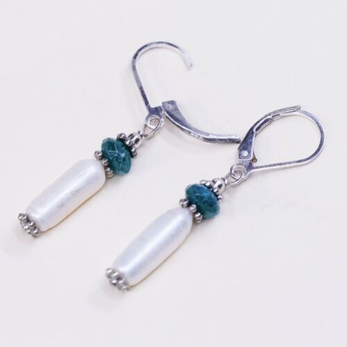 Vintage Southwestern handmade Sterling 925 Silver Pearl Earrings w/ Jade Beads
