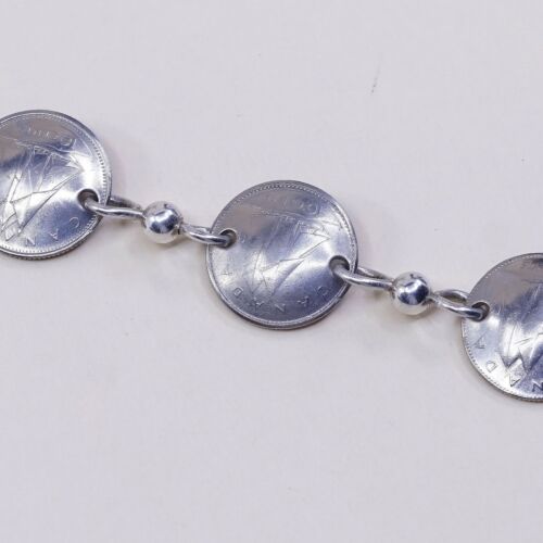 6.75”, Vtg Sterling 925 Silver Handmade Bracelet, Canada 10 Cents Coin Link
