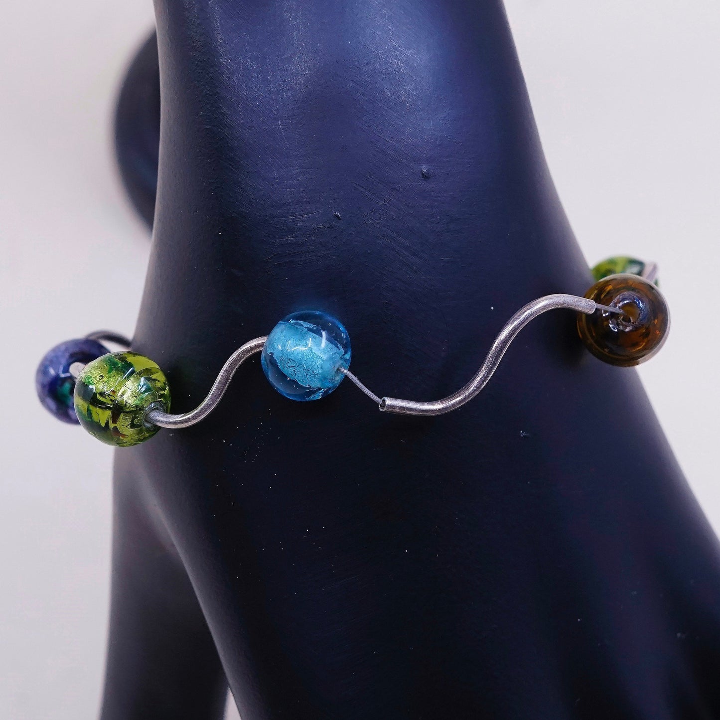 7”, 925 Sterling silver handmade bar and beads bracelet w/ artisan foiled glass