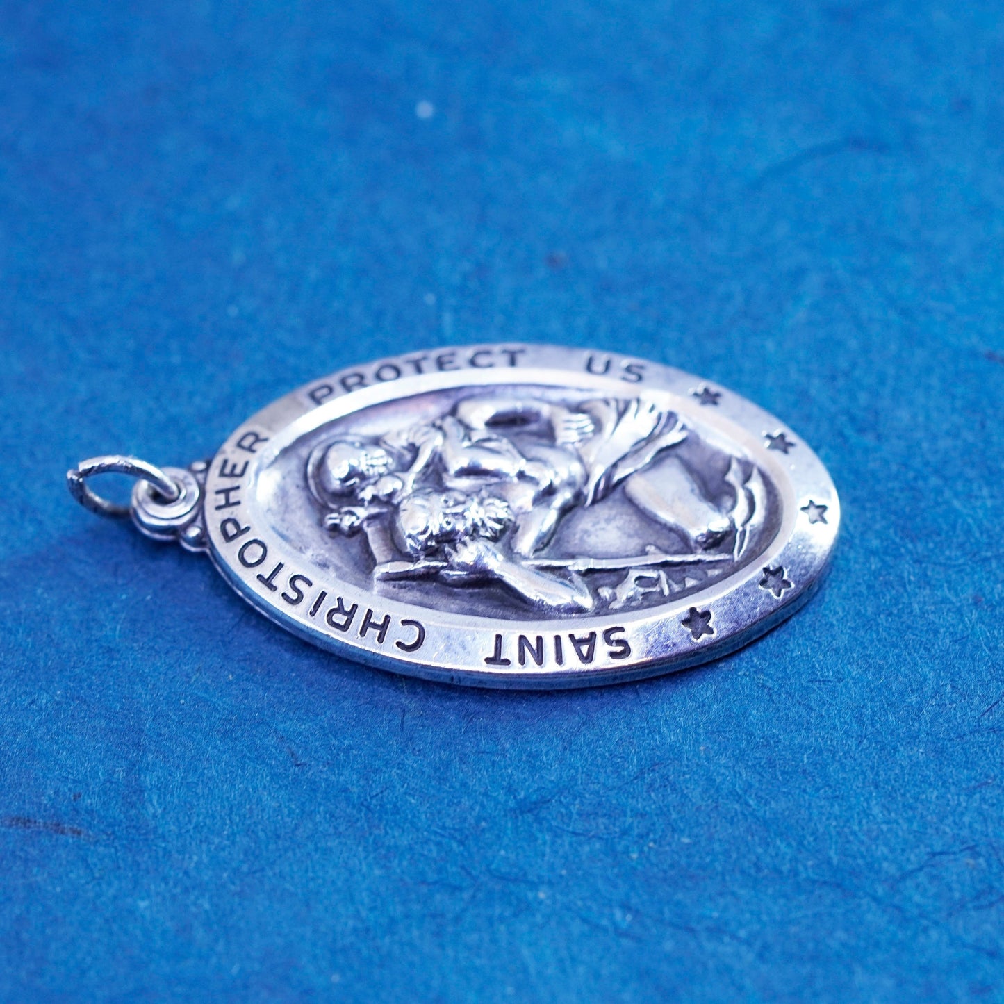 Vintage sterling 925 silver tag pendant, Saint Christopher protect us charm
