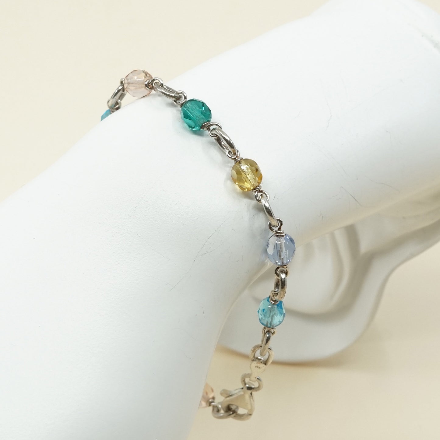 7.25", VTG Sterling silver handmade bracelet, 925 beads w/ colorful crystal