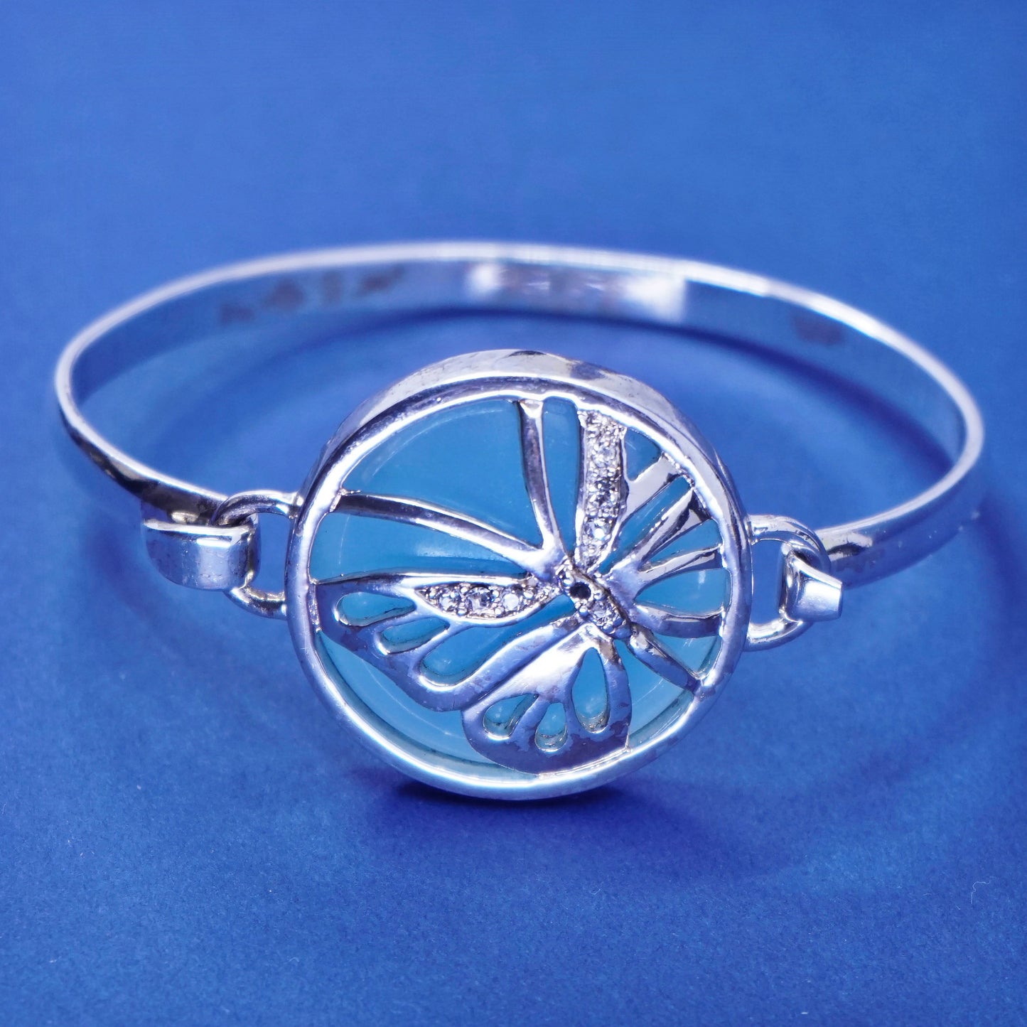7”, Sterling silver handmade bracelet, 925 hinged bangle w/ butterfly and jade