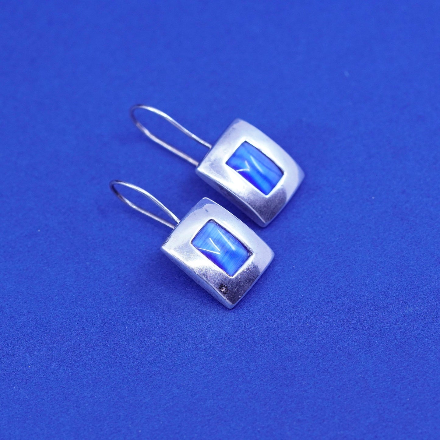 Vintage Sterling 925 silver handmade earrings with blue cat eye