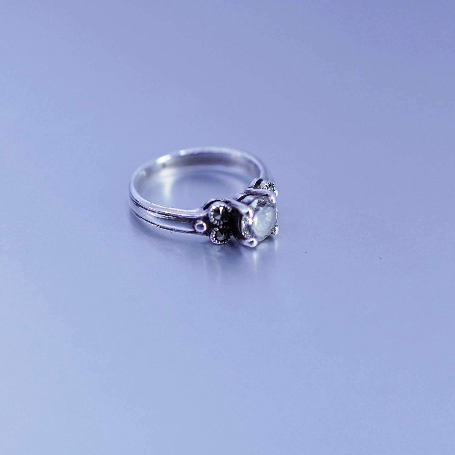 Size 7, vtg Sterling 925 silver handmade engagement ring with Cz and marcasite